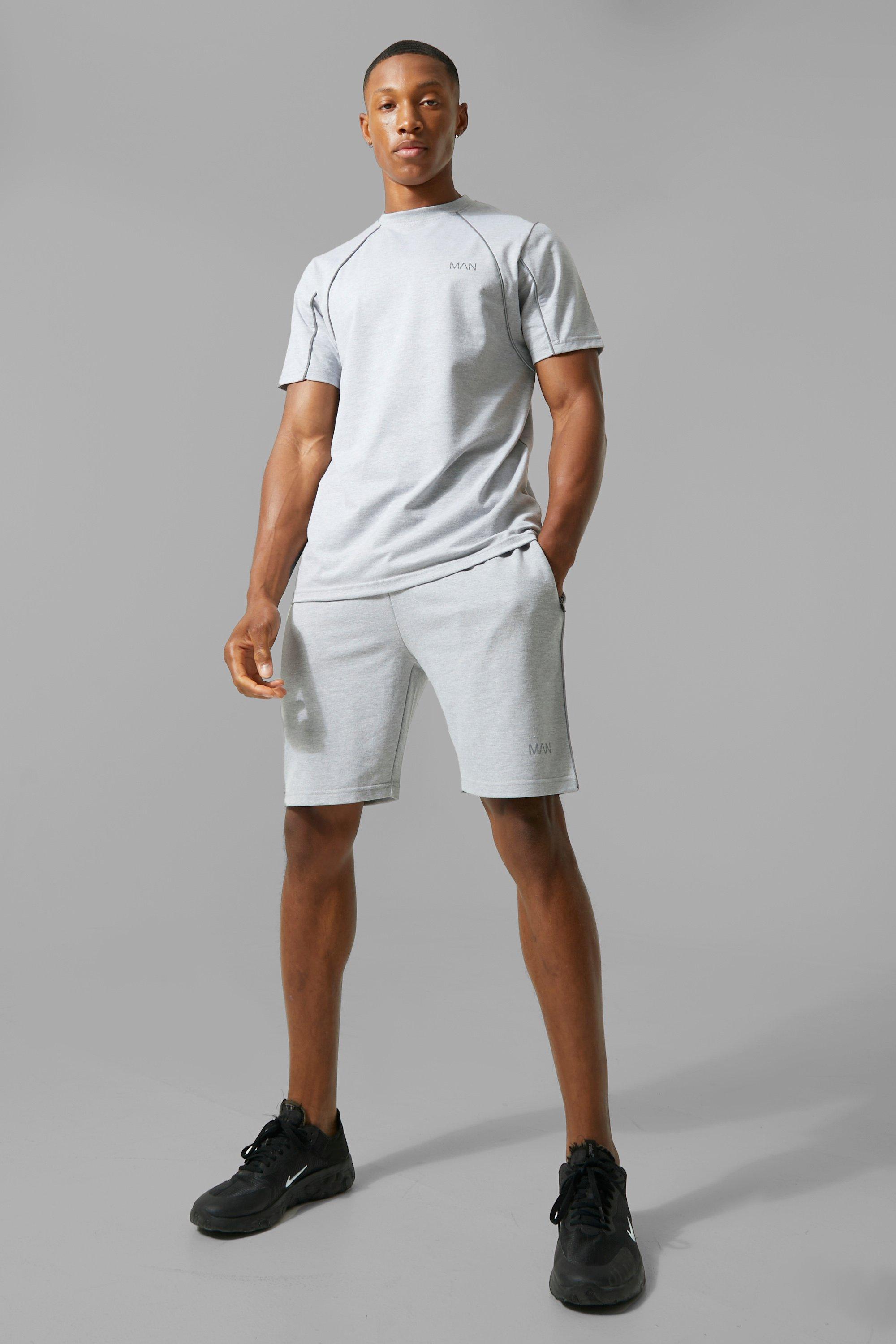 Mens Grey Man Active Reflective Detail Short Set, Grey